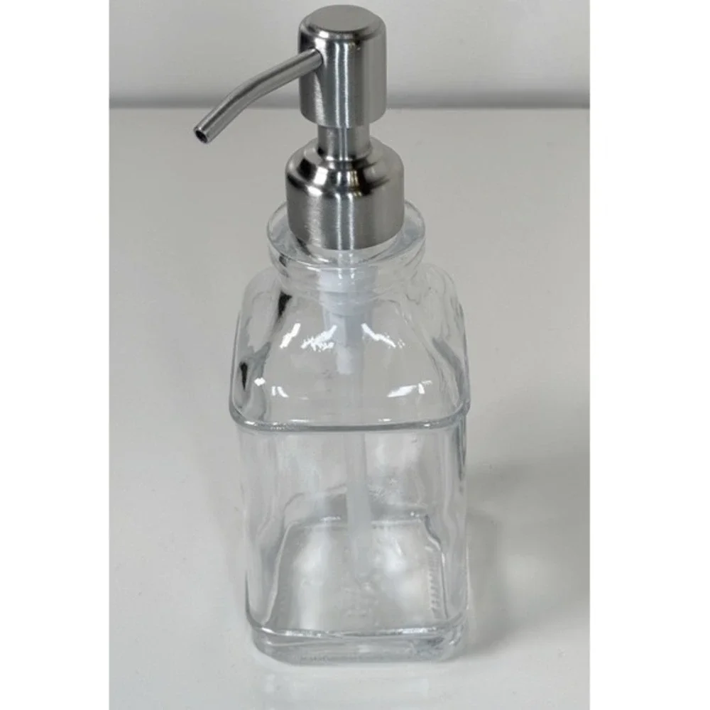 JASAI Antique Square‎ Glass Soap Dispenser 12oz Clear Stainless Steel Pump 81-10